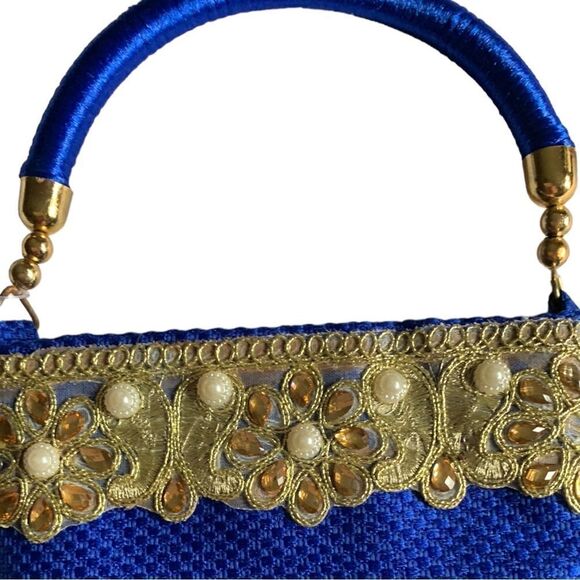 ROYAL Blue Mini Bag with Gold & Pearl Embellishments - Picture 4 of 7